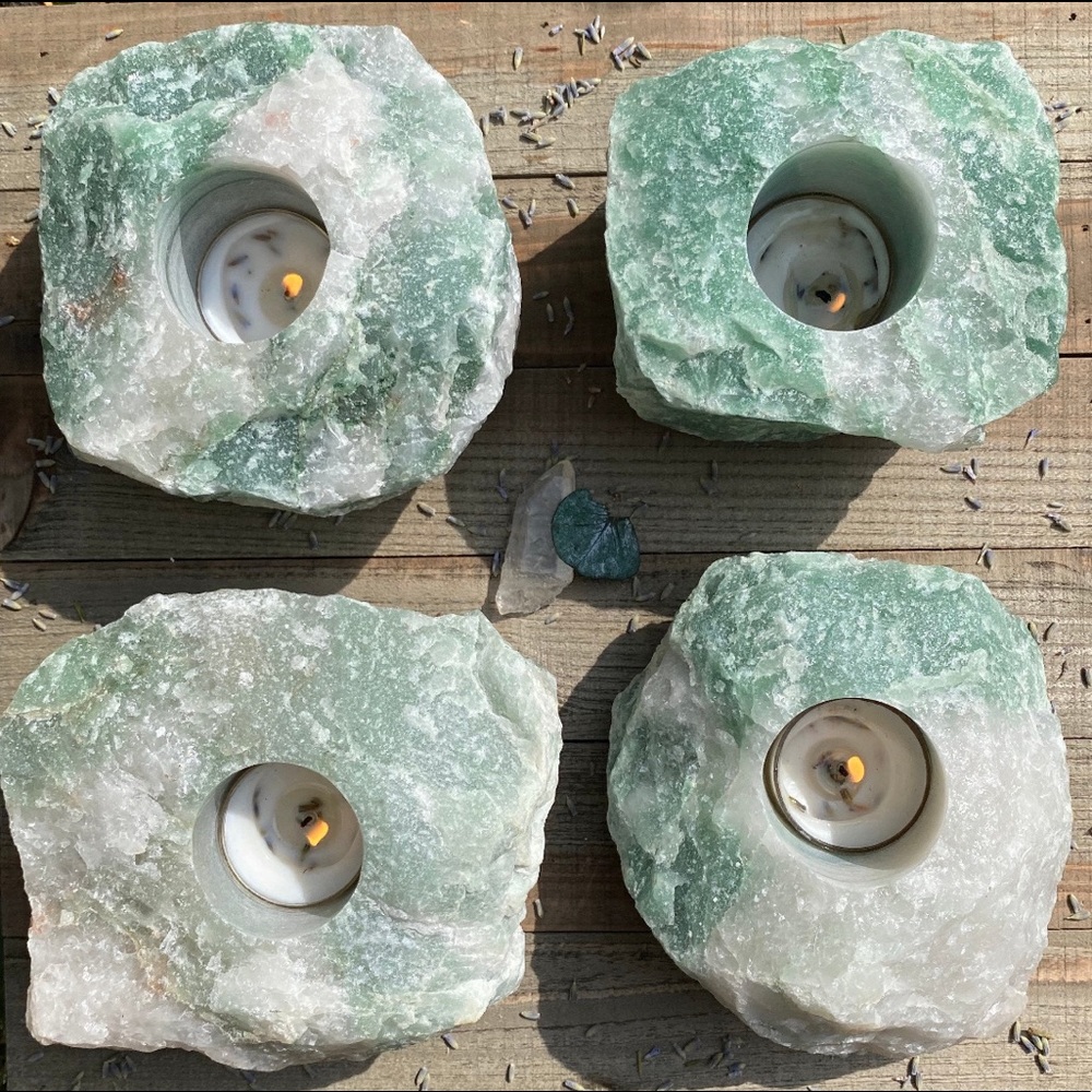 Raw Green Quartz Crystal Candle Holder • Tea Light Succulent Planter • OOAK